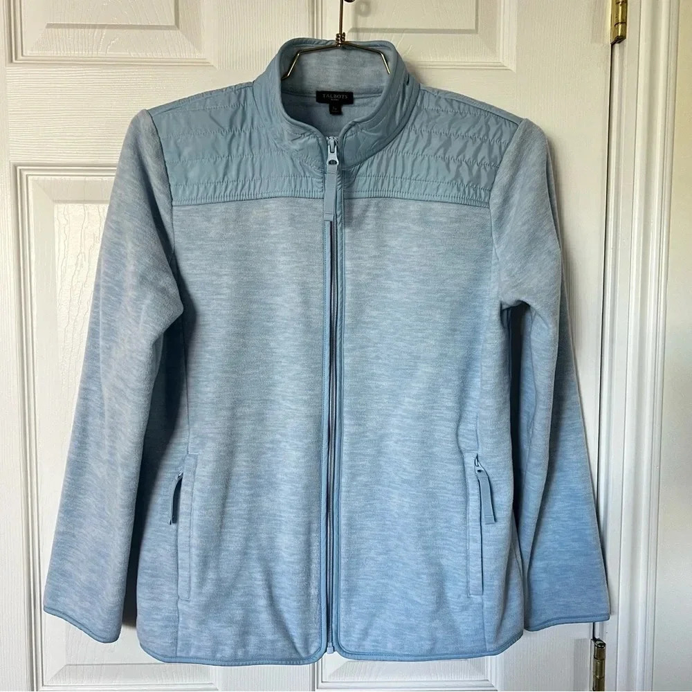 Talbots Petite Heather Blue Polar Fleece Jacket Size Small Quilted Shoulder